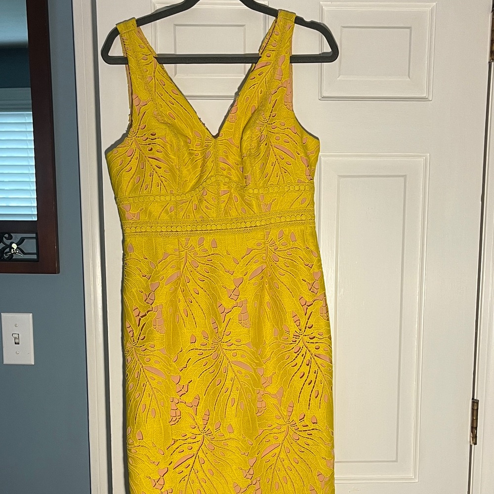 Maeve Yellow and Pink Lace Midi Dress